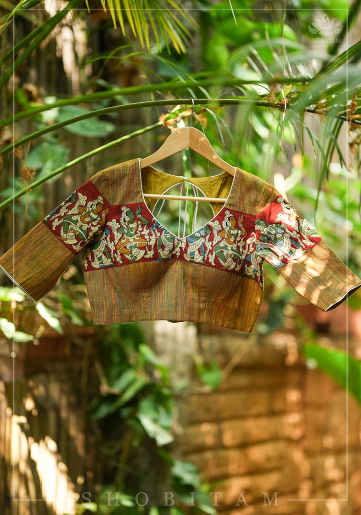 Honey brown handloom cotton V neck blouse with handpainted kalamkari band