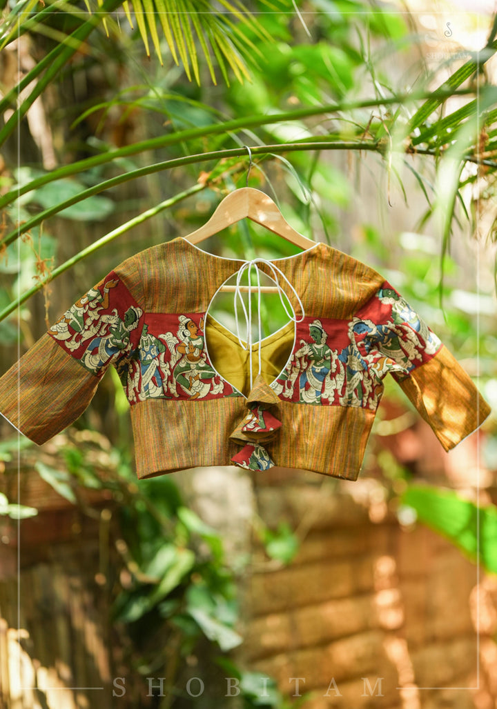 Honey brown handloom cotton V neck blouse with handpainted kalamkari band