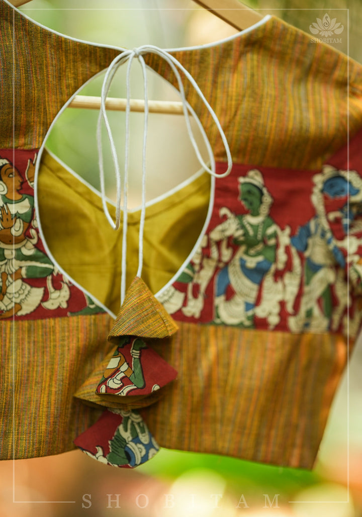 Honey brown handloom cotton V neck blouse with handpainted kalamkari band