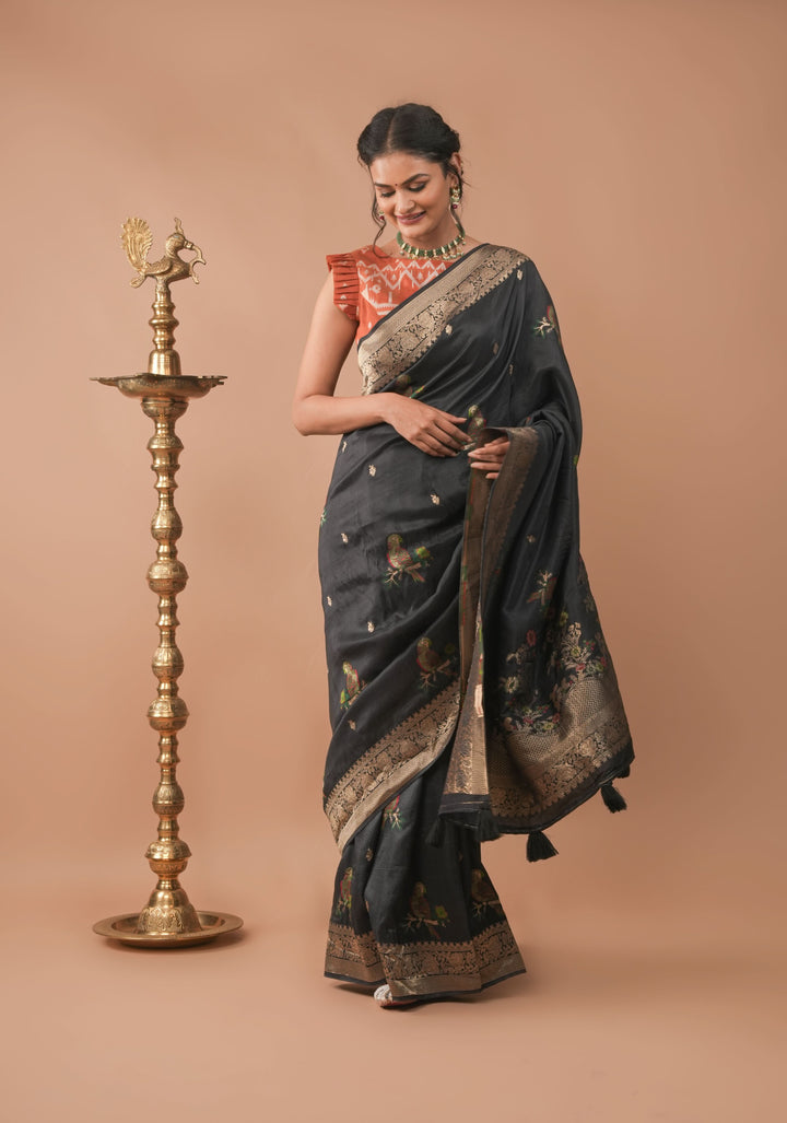 Exquisite Black Viscose Saree with Meenakari Parrot and Floral design and zari border
