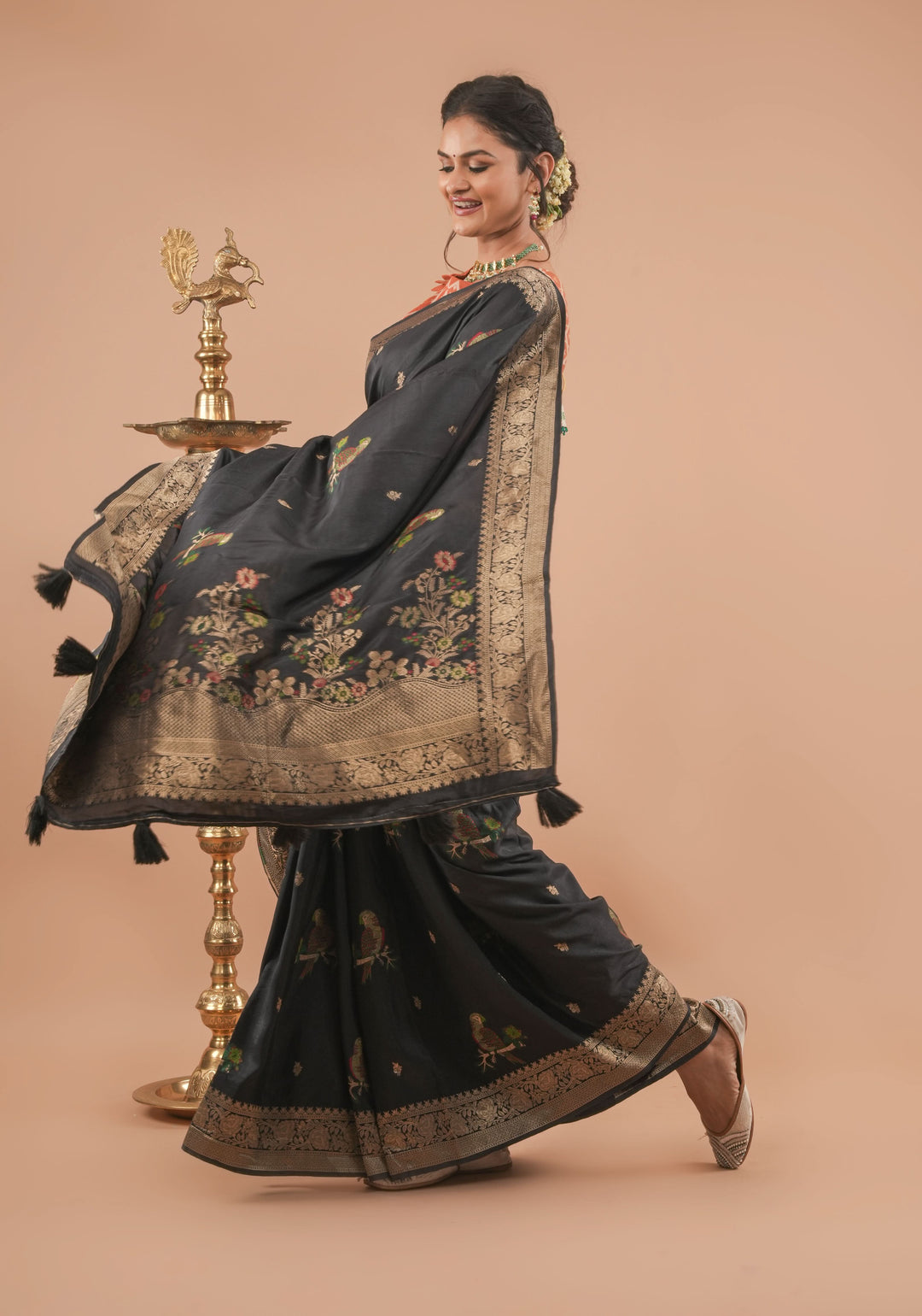 Exquisite Black Viscose Saree with Meenakari Parrot and Floral design and zari border