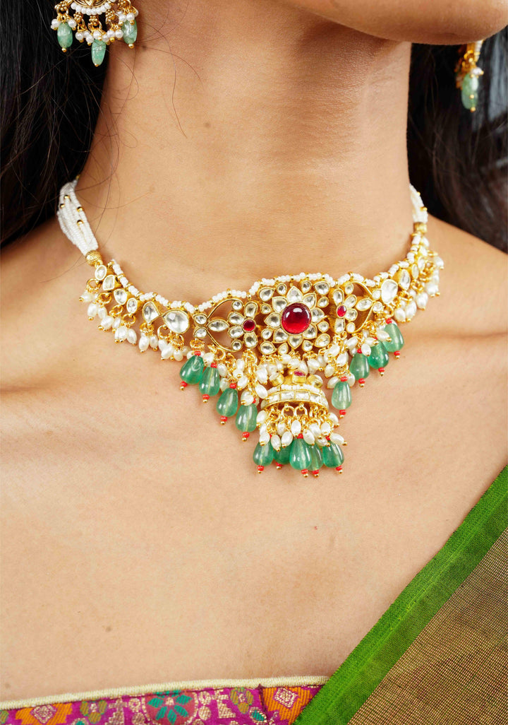 kundan necklace set with dangling pearl  | Shobitam Jewelry