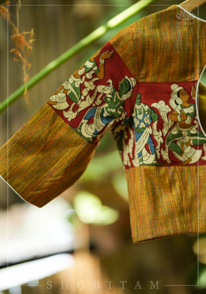 Honey brown handloom cotton V neck blouse with handpainted kalamkari band