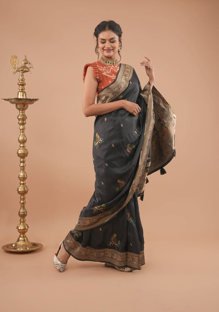 Exquisite Black Viscose Saree with Meenakari Parrot and Floral design and zari border