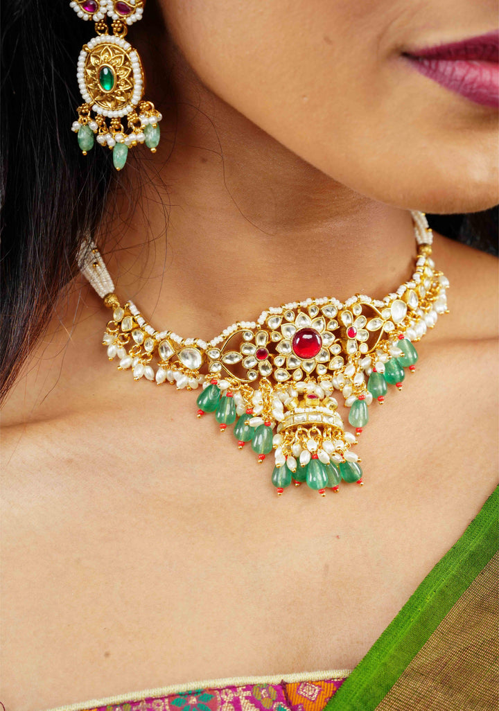 kundan necklace set with dangling pearl  | Shobitam Jewelry