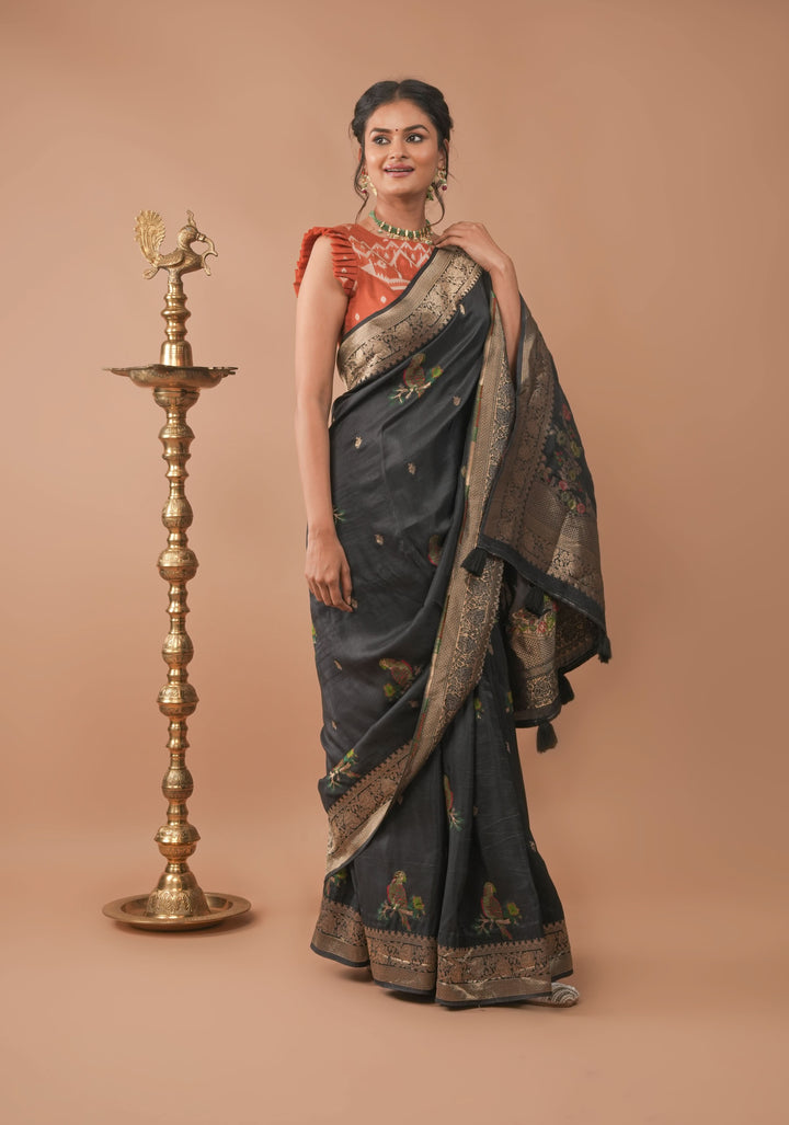 Exquisite Black Viscose Saree with Meenakari Parrot and Floral design and zari border