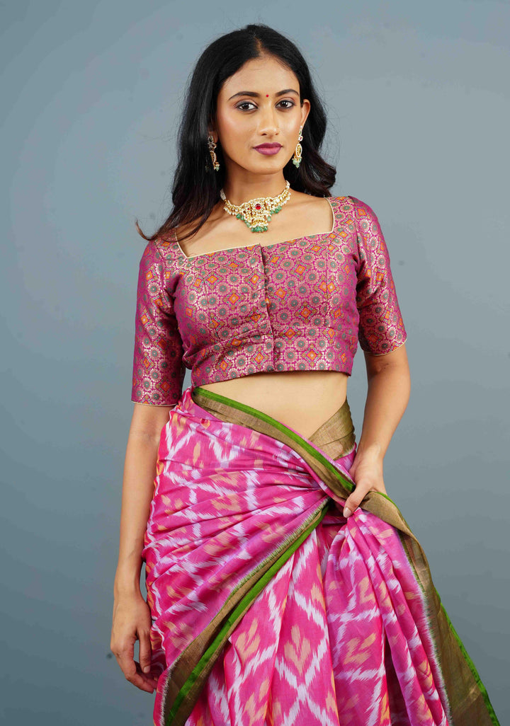 3 Strap Back, Banarasi Meenakari Brocade Blouse in Plum with Square Neck, Customizable, Made to Order