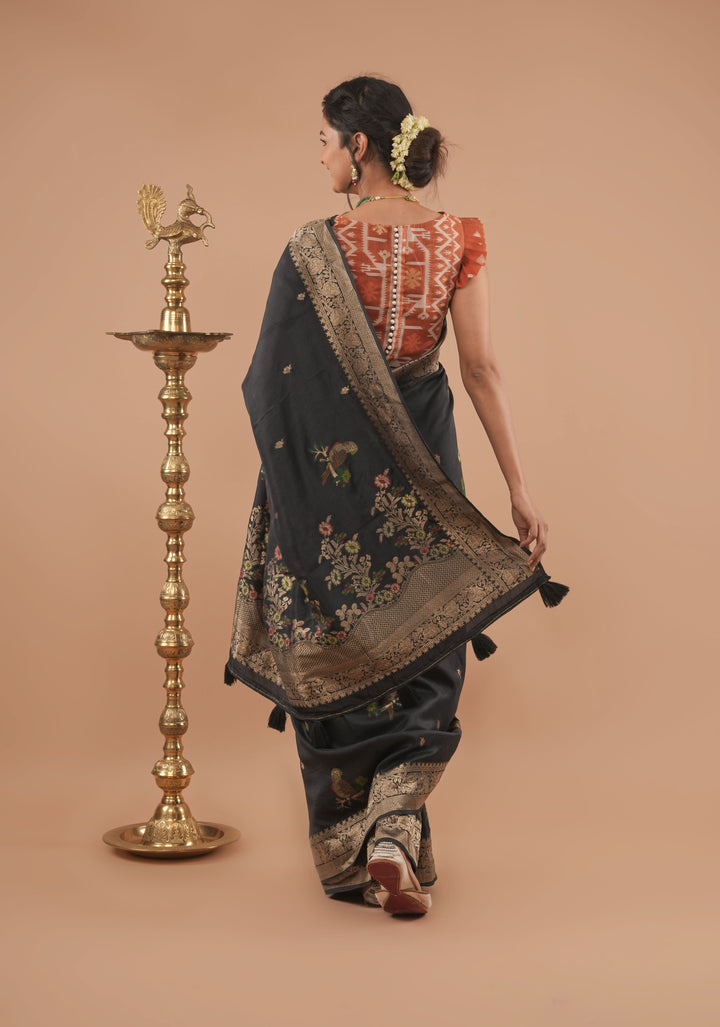 Exquisite Black Viscose Saree with Meenakari Parrot and Floral design and zari border