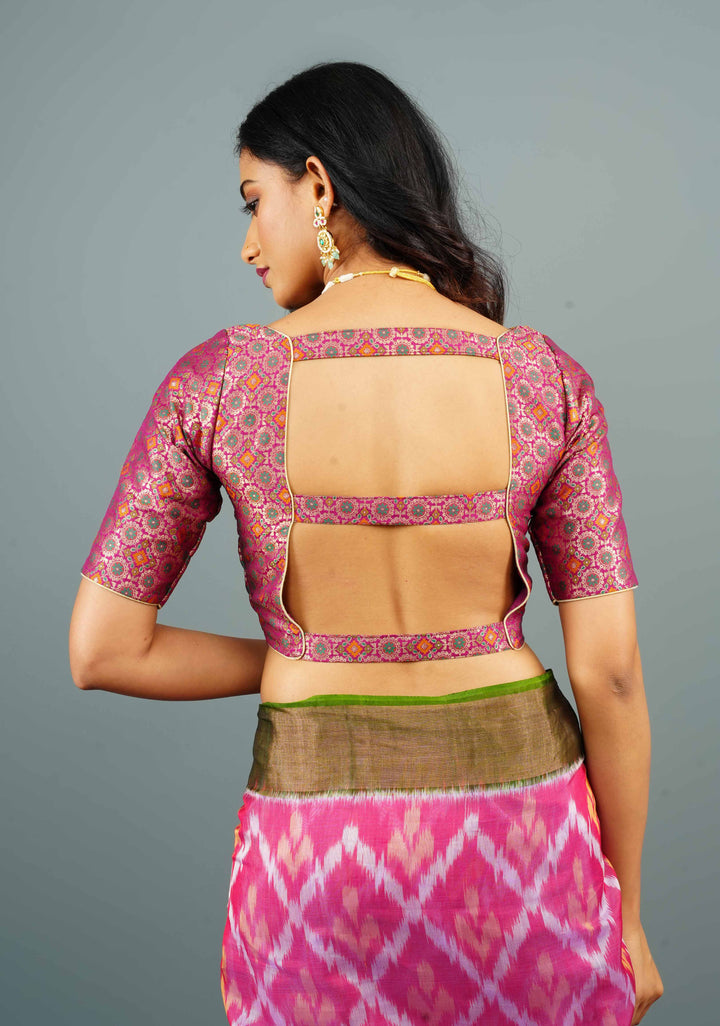 3 Strap Back, Banarasi Meenakari Brocade Blouse in Plum with Square Neck, Customizable, Made to Order