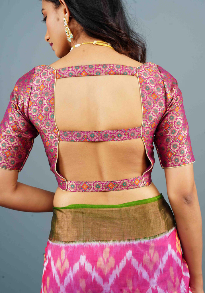 3 Strap Back, Banarasi Meenakari Brocade Blouse in Plum with Square Neck, Customizable, Made to Order