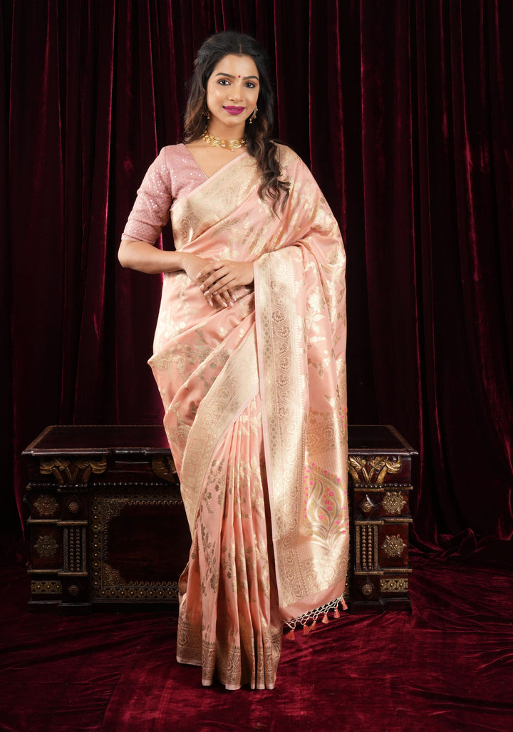 Blush Peach Tissue Semi silk saree with leheria Zari Floral vine pattern