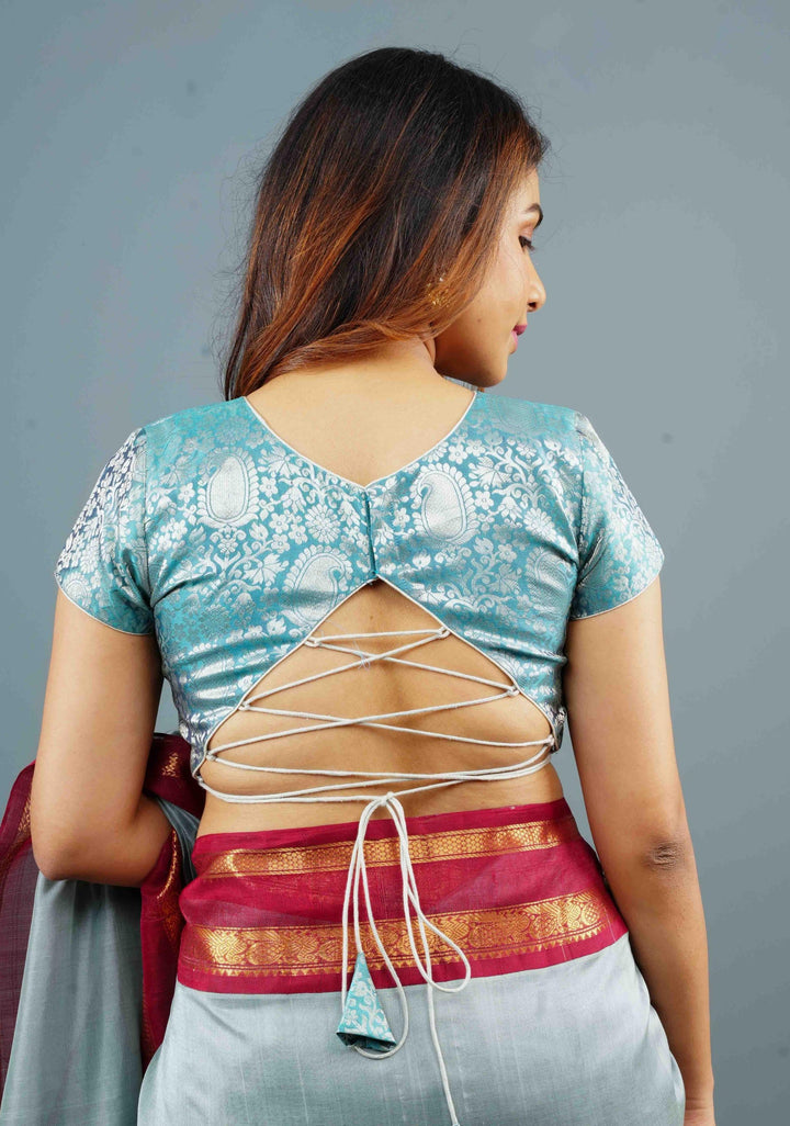 Pure Kanjivaram Brocade Blouse in Heather Blue, Customizable, Made to Order