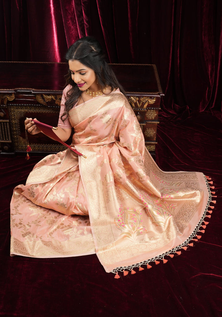 Blush Peach Tissue Semi silk saree with leheria Zari Floral vine pattern