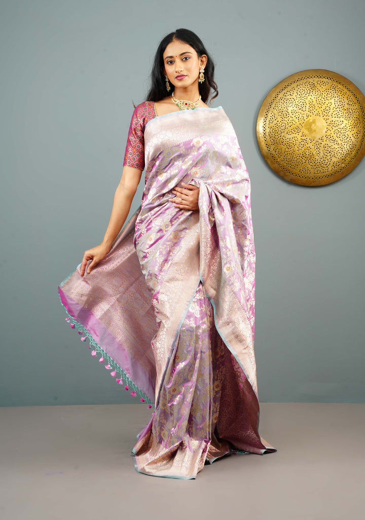 Lilac Dual Tone Katan Silk Saree with Meenakari Floral Jaal and Zari Border | SILK MARK CERTIFIED