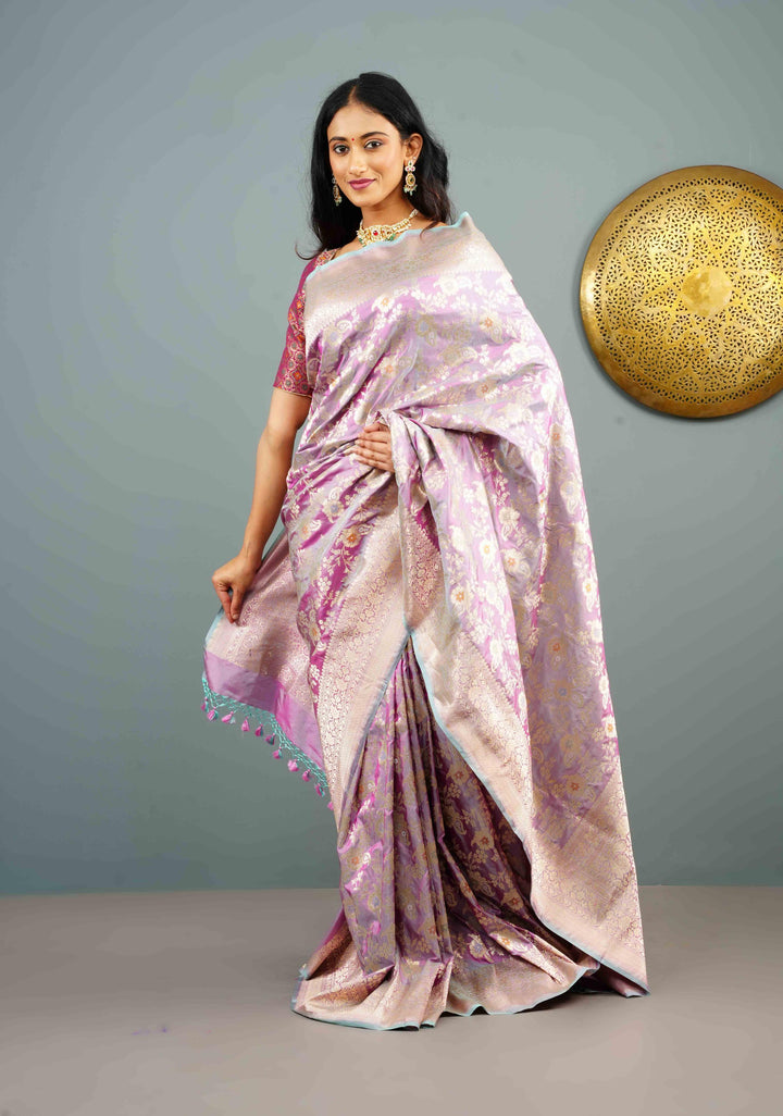 Lilac Dual Tone Katan Silk Saree with Meenakari Floral Jaal and Zari Border | SILK MARK CERTIFIED