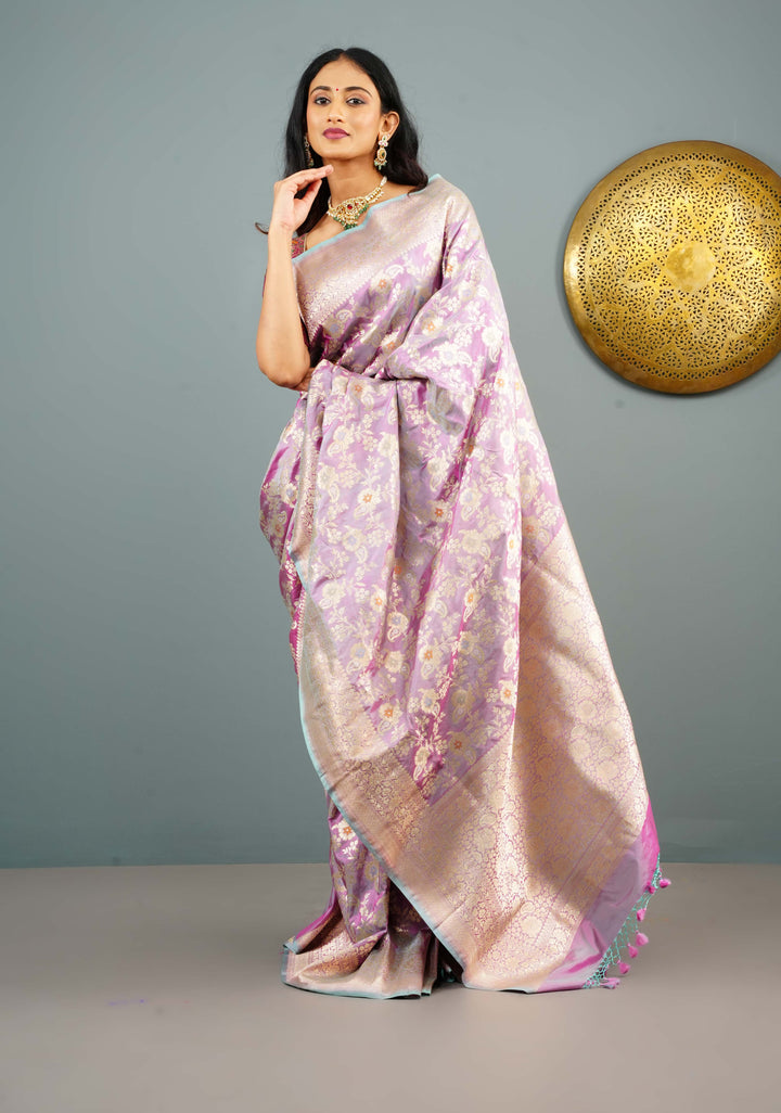 Lilac Dual Tone Katan Silk Saree with Meenakari Floral Jaal and Zari Border | SILK MARK CERTIFIED