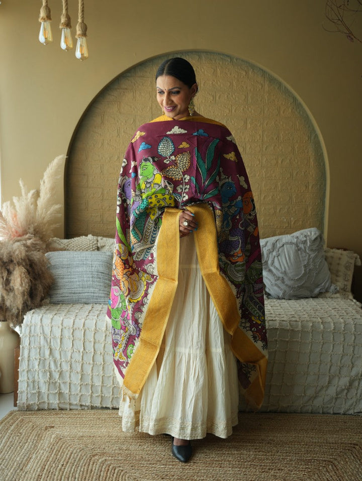 The Dreamy Dance - Handpainted Kalamkari Dupata | SHOBITAM