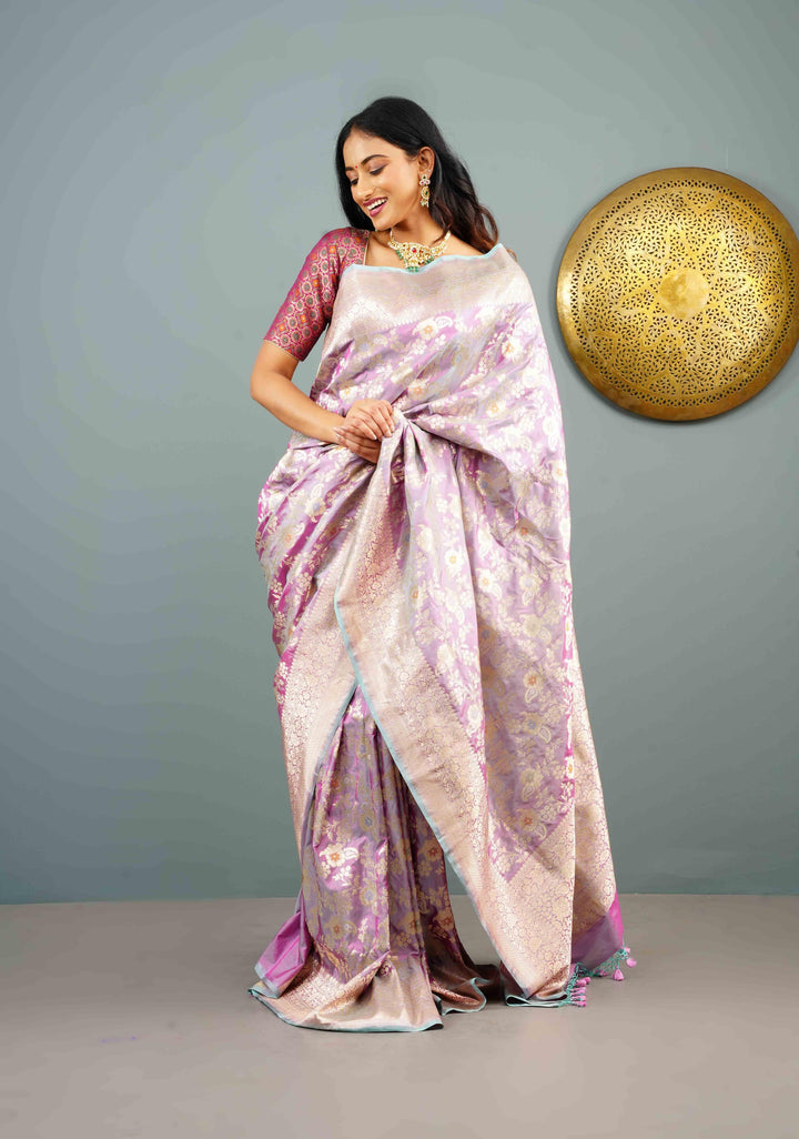 Lilac Dual Tone Katan Silk Saree with Meenakari Floral Jaal and Zari Border | SILK MARK CERTIFIED