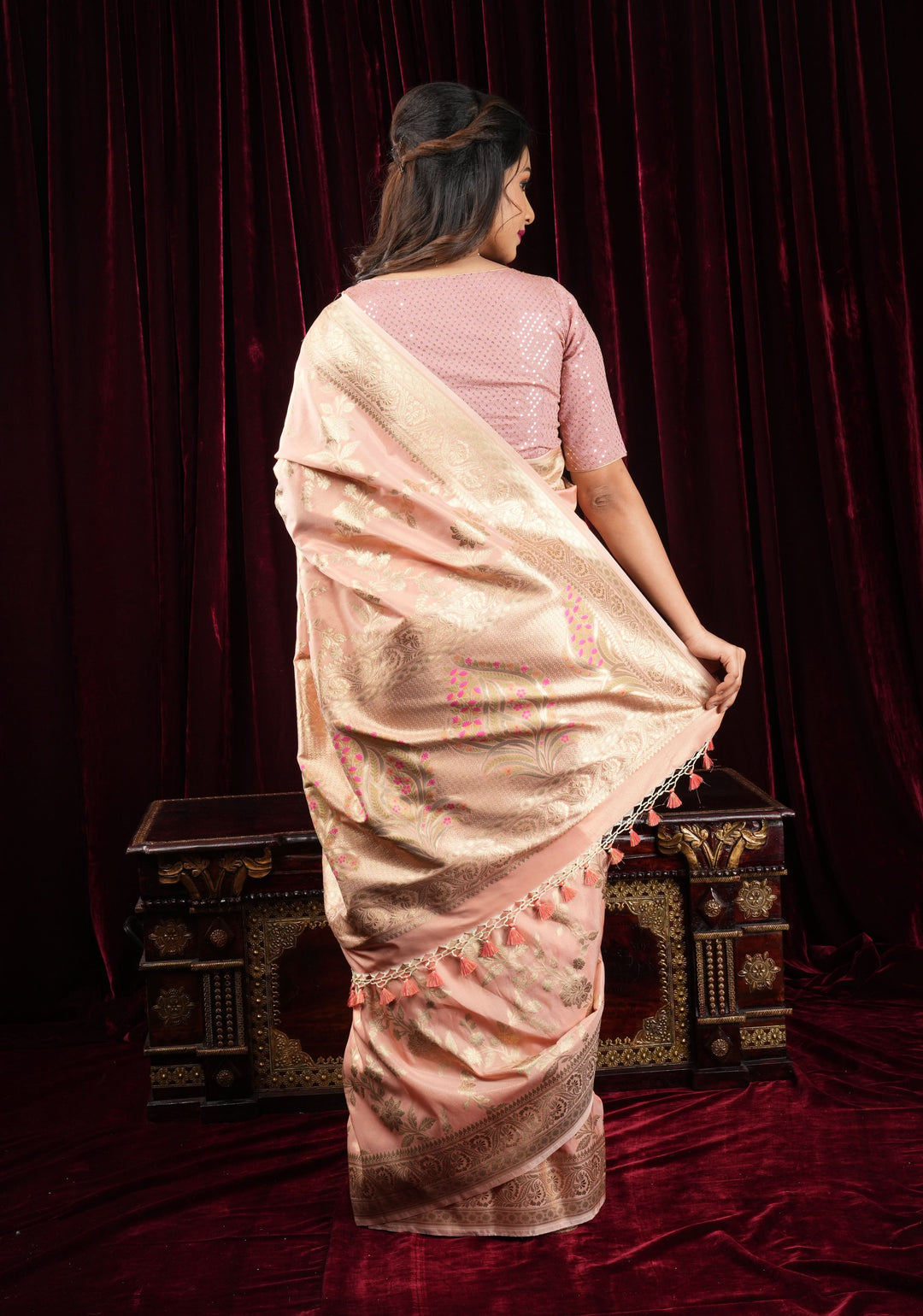 Blush Peach Tissue Semi silk saree with leheria Zari Floral vine pattern
