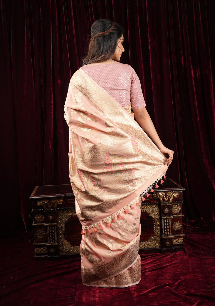 Blush Peach Tissue Semi silk saree with leheria Zari Floral vine pattern