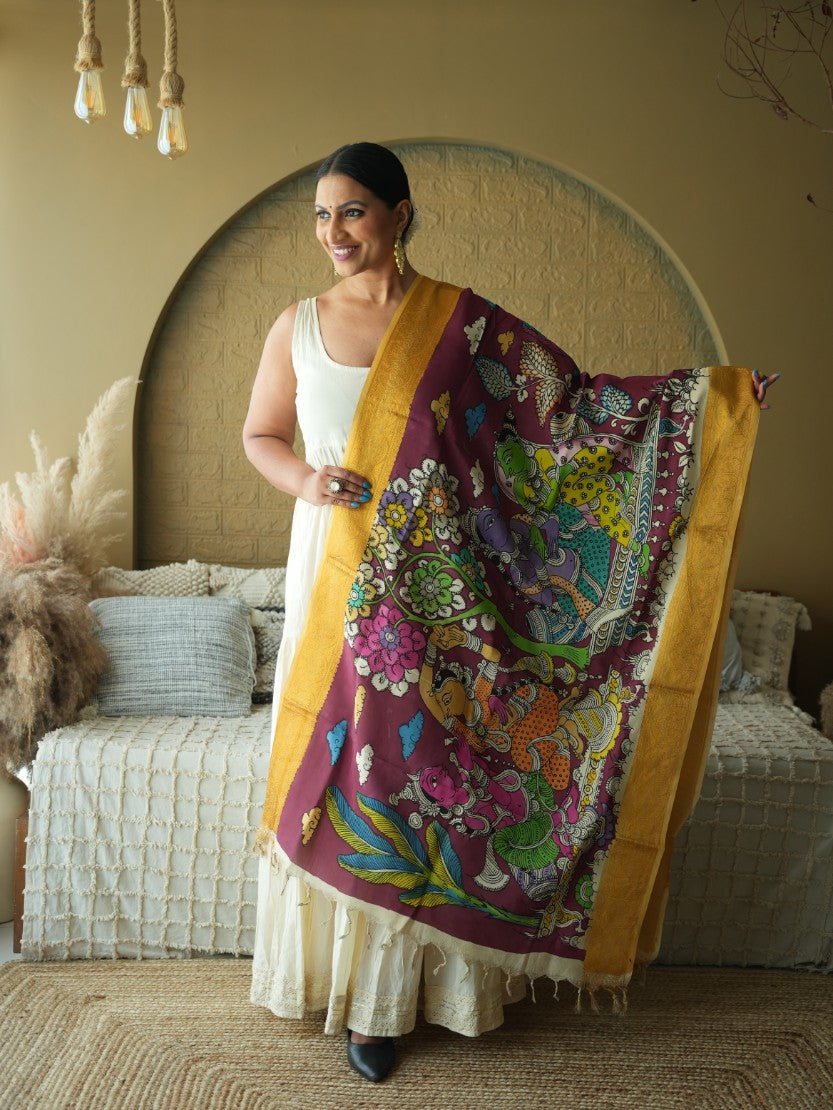 The Dreamy Dance - Handpainted Kalamkari Dupata | SHOBITAM