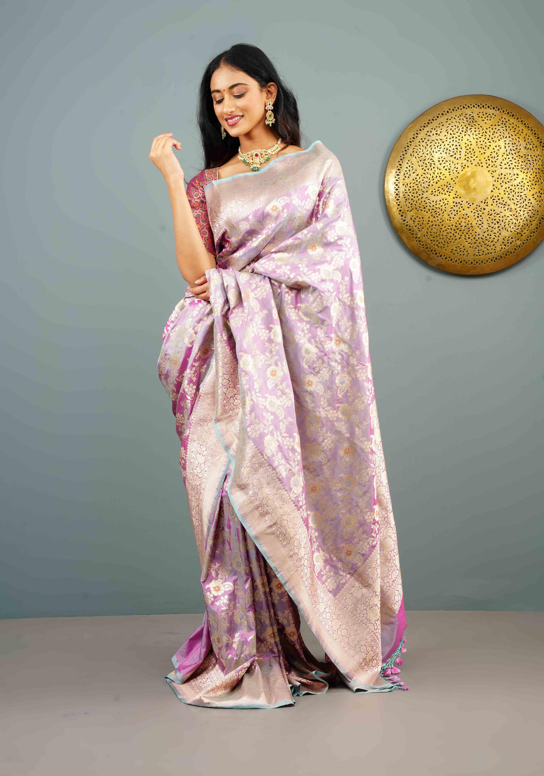 Lilac Dual Tone Katan Silk Saree with Meenakari Floral Jaal and Zari Border | SILK MARK CERTIFIED