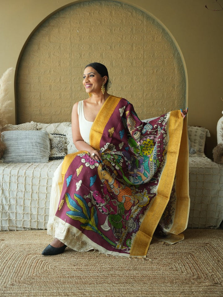 The Dreamy Dance - Handpainted Kalamkari Dupata | SHOBITAM