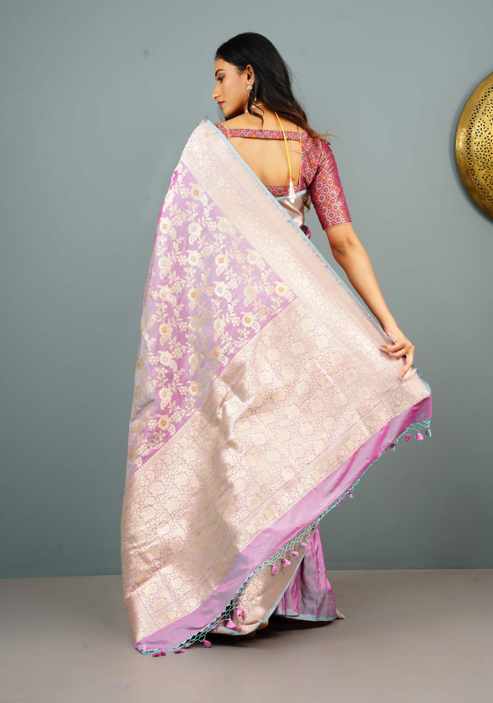Lilac Dual Tone Katan Silk Saree with Meenakari Floral Jaal and Zari Border | SILK MARK CERTIFIED