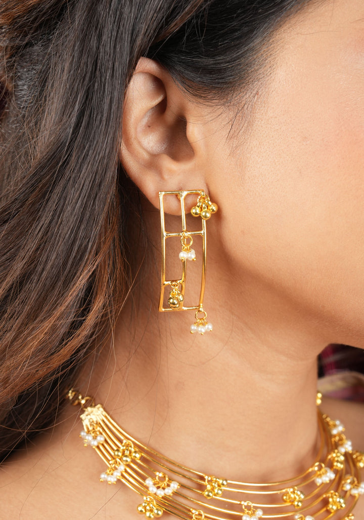 Statement Multi-wire design Neckpiece and earrings set with Dangling Beads | Shobitam Jewelry