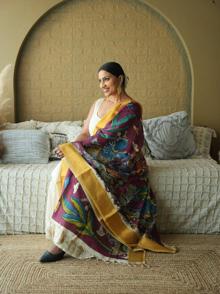 The Dreamy Dance - Handpainted Kalamkari Dupata | SHOBITAM