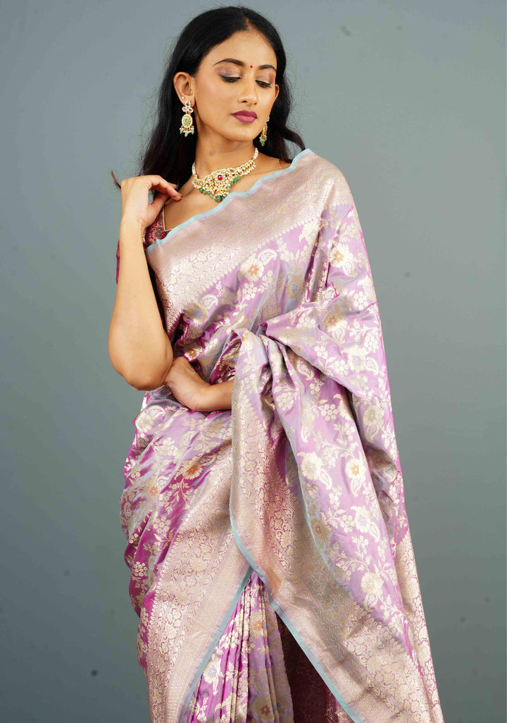 Lilac Dual Tone Katan Silk Saree with Meenakari Floral Jaal and Zari Border | SILK MARK CERTIFIED