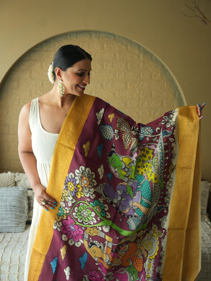 The Dreamy Dance - Handpainted Kalamkari Dupata | SHOBITAM