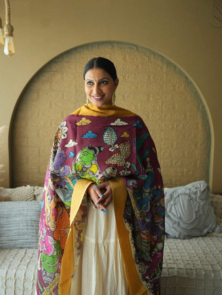 The Dreamy Dance - Handpainted Kalamkari Dupata | SHOBITAM