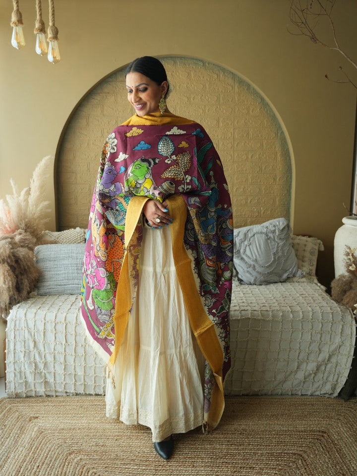 The Dreamy Dance - Handpainted Kalamkari Dupata | SHOBITAM