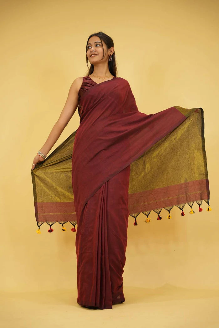 Maroon and Olive Khadi Cotton with Subtle Zari Sheen and Tassel Ready to Wear Saree