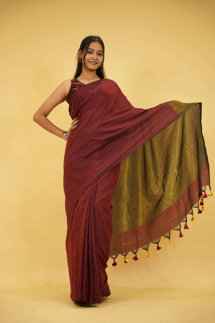 Maroon and Olive Khadi Cotton with Subtle Zari Sheen and Tassel Ready to Wear Saree