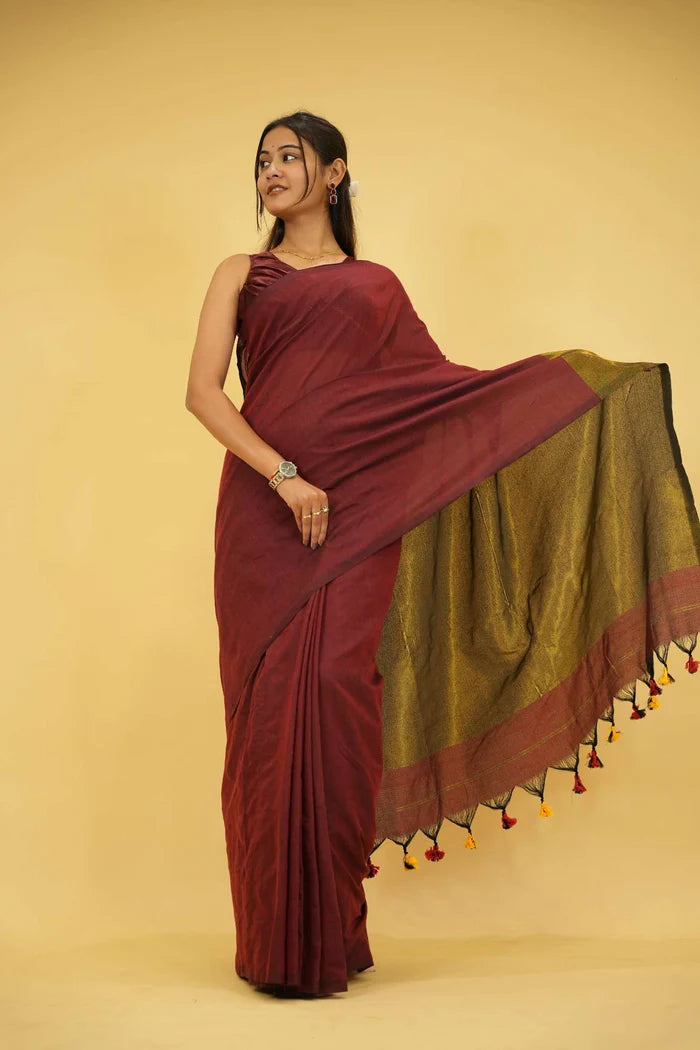 Maroon and Olive Khadi Cotton with Subtle Zari Sheen and Tassel Ready to Wear Saree