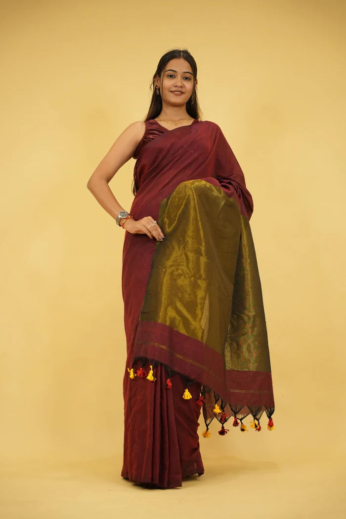 Maroon and Olive Khadi Cotton with Subtle Zari Sheen and Tassel Ready to Wear Saree