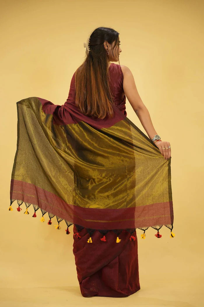 Maroon and Olive Khadi Cotton with Subtle Zari Sheen and Tassel Ready to Wear Saree