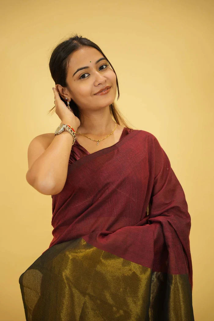 Maroon and Olive Khadi Cotton with Subtle Zari Sheen and Tassel Ready to Wear Saree