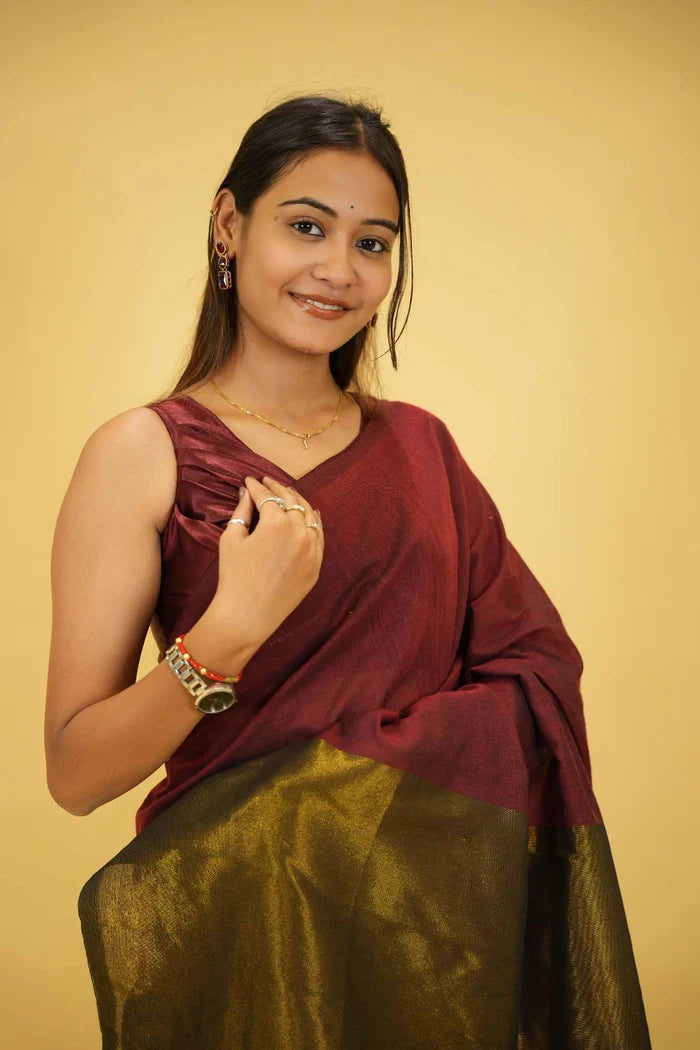 Maroon and Olive Khadi Cotton with Subtle Zari Sheen and Tassel Ready to Wear Saree