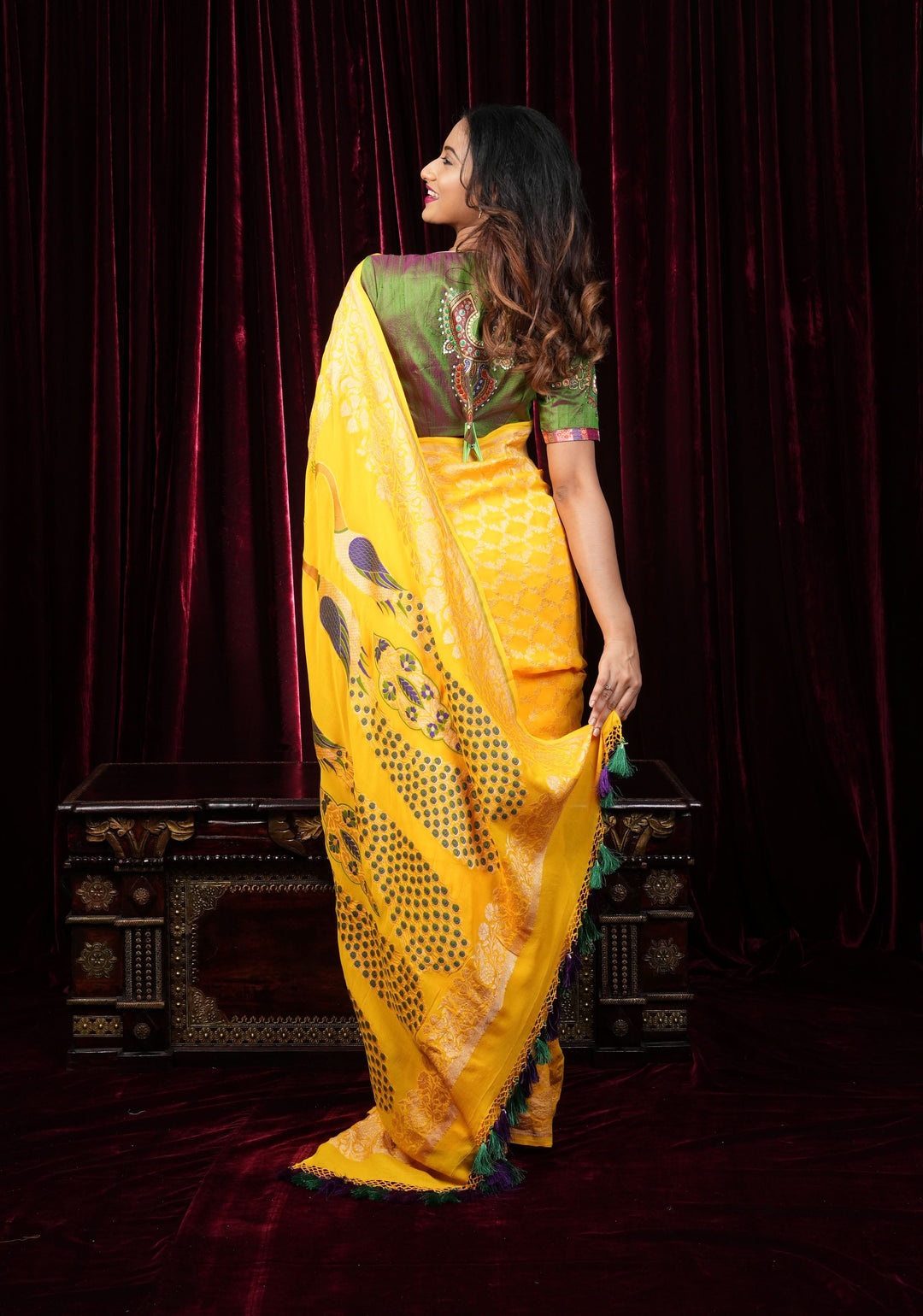 Yellow Banarasi Silk Georgette Saree with Jaal Zari and Resplendent Peacock Meenakari Pallu | SILK MARK CERTIFIED