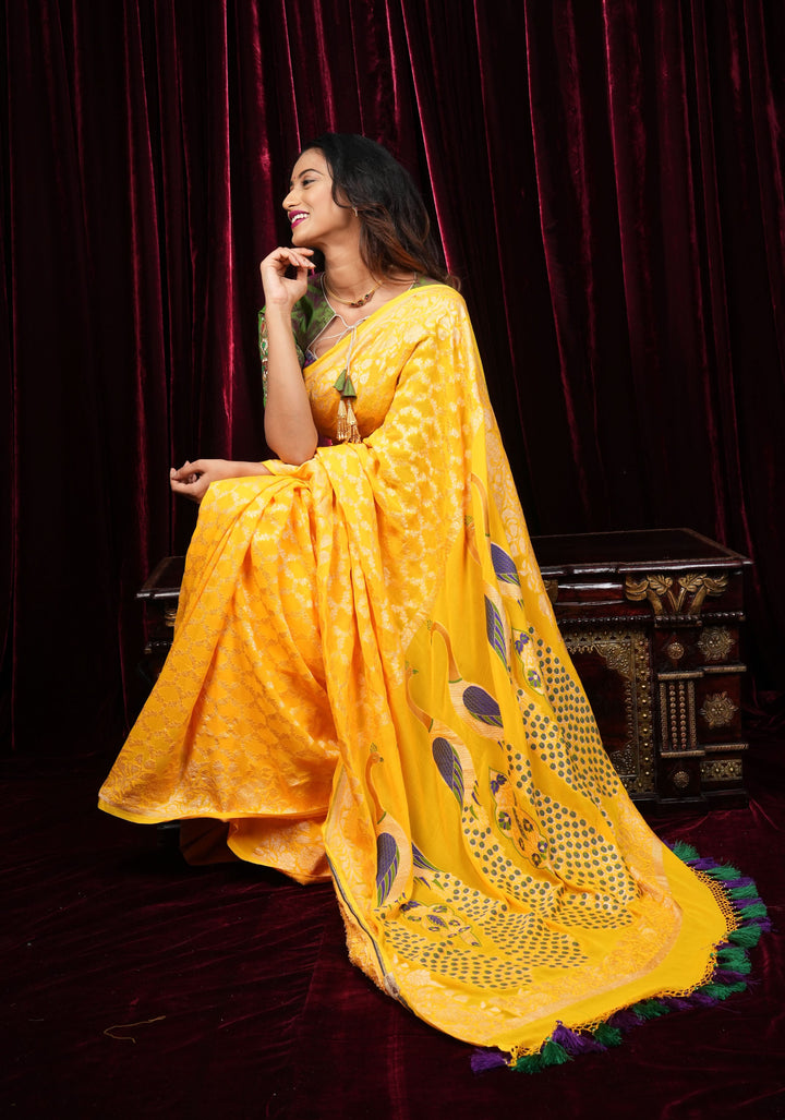 Yellow Banarasi Silk Georgette Saree with Jaal Zari and Resplendent Peacock Meenakari Pallu | SILK MARK CERTIFIED