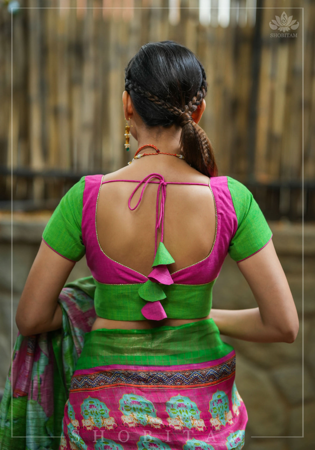 Choli Cut Pink and Green Handloom Cotton Blouse