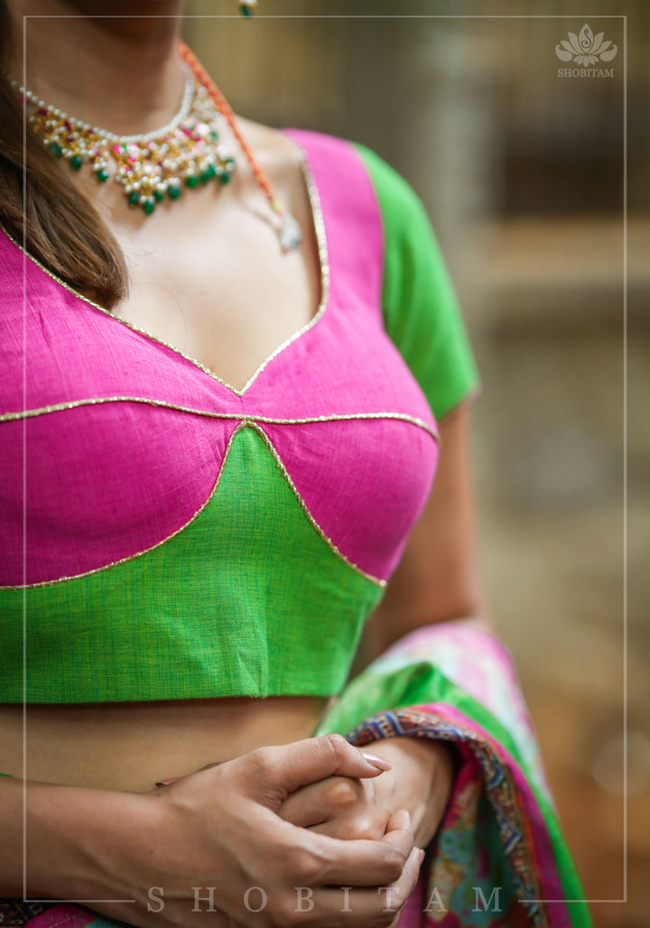 Choli Cut Pink and Green Handloom Cotton Blouse
