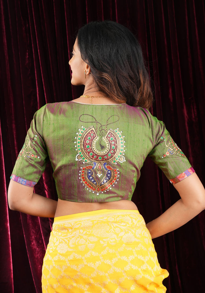 Nizam Jewelry Handpainted Blouse in Green pink Pure Raw silk with multicolor brocade bustier detailing