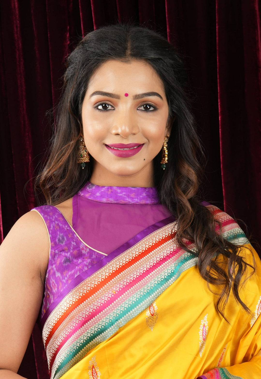 Purple Ikkat Pure Raw Silk Blouse with sheer yoke and Ikkat collar