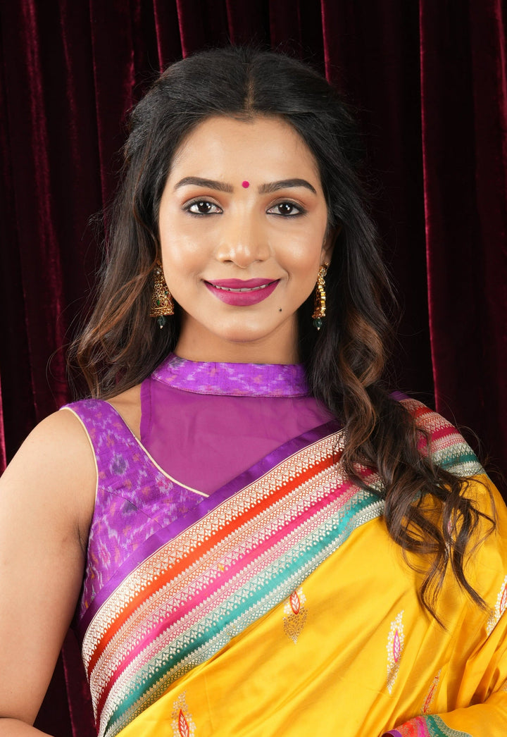 Purple Ikkat Pure Raw Silk Blouse with sheer yoke and Ikkat collar
