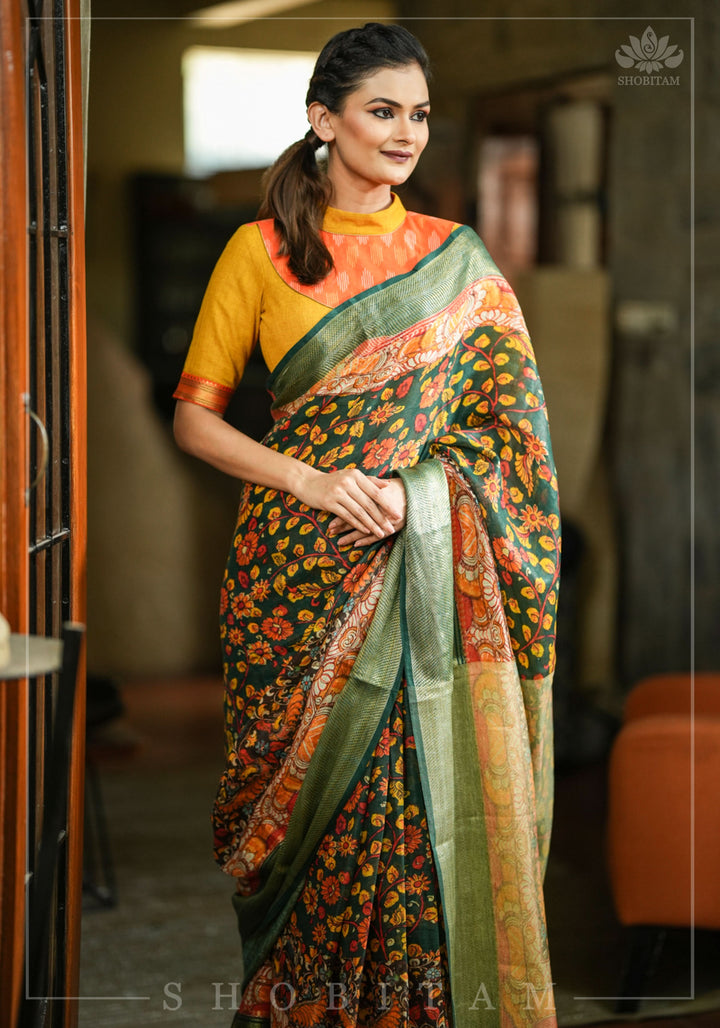 Green Linen Saree with Kalamkari Floral Print