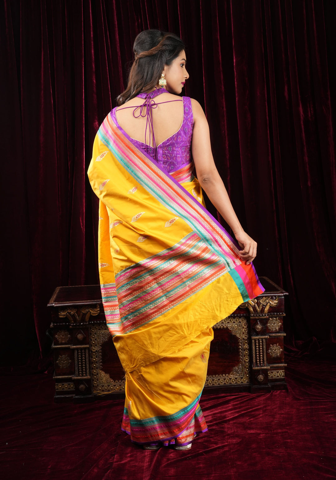 Purple Ikkat Pure Raw Silk Blouse with sheer yoke and Ikkat collar